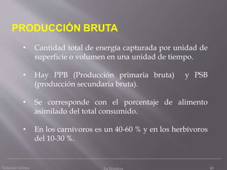 Eduardo Gómez La Ecosfera 40
PRODUCCIÓN BRUTA
• Cantidad total de energía capturada por unidad de
superficie o volumen en una unidad de tiempo.
• Hay PPB (Producción primaria bruta) y PSB
(producción secundaria bruta).
• Se corresponde con el porcentaje de alimento
asimilado del total consumido.
• En los carnívoros es un 40-60 % y en los herbívoros
del 10-30 %.
 