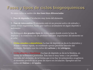 En estos ciclos se suelen dar dos fases bien diferenciadas:
1.- Fase de depósito: Circulación muy lenta del elemento.
2.- Fase de intercambio: El elemento está en un proceso activo de entrada y
salida en los organismos, hasta que vuelva a acumularse en algún depósito o
sedimento.
Se distinguen dos grandes tipos de ciclos, según donde ocurre la fase de
depósito y la existencia o no de pérdidas laterales importantes del elemento en
el ciclo:
• Ciclos cerrados o atmosféricos: La fase de depósito se da en la atmósfera y
es más o menos rápida, no existiendo apenas pérdidas laterales del
elemento. Ejemplos son los ciclos del carbono y del nitrógeno.
• Ciclos abiertos o litosféricos: La fase de depósito se da en la litosfera, en
forma de sedimentos profundos. Esta fase es muy lenta y con pérdidas
laterales del elemento, de tal forma que si no hay levantamientos orogénicos
el elemento perdido no se pone de nuevo en circulación. Ejemplos son los
ciclos del fósforo y del azufre.
Eduardo Gómez La Ecosfera 49
 