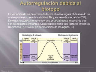 Eduardo Gómez La Ecosfera 53
La variación de un determinado factor abiótico regula el desarrollo de
una especie (su tasa de natalidad TN y su tasa de mortalidad TM).
De estos factores, siempre hay uno especialmente importante que
son los factores limitantes. Cada especie tiene sus factores limitantes
(climáticos, del suelo, de composición de las aguas….)
 