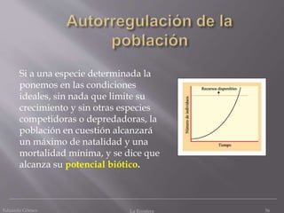 Si a una especie determinada la
ponemos en las condiciones
ideales, sin nada que limite su
crecimiento y sin otras especies
competidoras o depredadoras, la
población en cuestión alcanzará
un máximo de natalidad y una
mortalidad mínima, y se dice que
alcanza su potencial biótico.
56Eduardo Gómez La Ecosfera
 