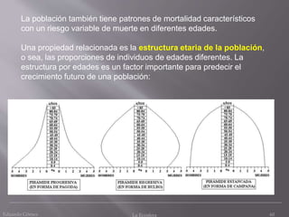 La población también tiene patrones de mortalidad característicos
con un riesgo variable de muerte en diferentes edades.
Una propiedad relacionada es la estructura etaria de la población,
o sea, las proporciones de individuos de edades diferentes. La
estructura por edades es un factor importante para predecir el
crecimiento futuro de una población:
60Eduardo Gómez La Ecosfera
 