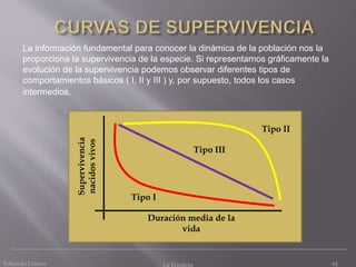 La información fundamental para conocer la dinámica de la población nos la
proporciona la supervivencia de la especie. Si representamos gráficamente la
evolución de la supervivencia podemos observar diferentes tipos de
comportamientos básicos ( I, II y III ) y, por supuesto, todos los casos
intermedios.
Tipo I
Tipo III
Tipo II
Supervivencia
nacidosvivos
Duración media de la
vida
61Eduardo Gómez La Ecosfera
 
