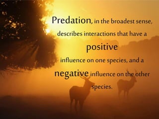 Predation, in the broadest sense,
describes interactions thathave a
positive
influenceon onespecies, anda
negativeinfluenceon the other
species.
 