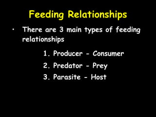 Feeding Relationships There are 3 main types of feeding relationships 1. Producer - Consumer 2. Predator - Prey 3. Parasite - Host 