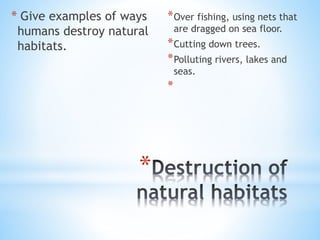 *
* Give examples of ways
humans destroy natural
habitats.
*Over fishing, using nets that are dragged on sea floor.
*Cutting down trees.
*Polluting rivers, lakes and seas.
*Using pesticides to kill pests.
 