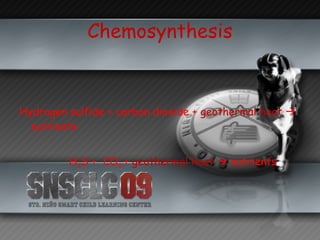 Chemosynthesis Hydrogen sulfide + carbon dioxide +  geothermal heat     nutrients H 2 S +  CO 2  +  geothermal heat     nutrients 