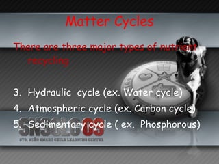 Matter Cycles There are three major types of nutrient recycling Hydraulic  cycle (ex. Water cycle) Atmospheric cycle (ex. Carbon cycle) Sedimentary cycle ( ex.  Phosphorous) 