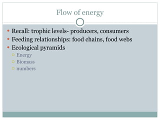 Flow of energy Recall: trophic levels- producers, consumers Feeding relationships: food chains, food webs Ecological pyramids Energy Biomass numbers 