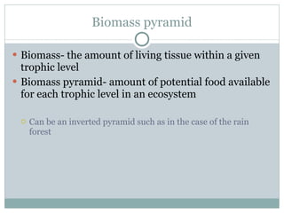 Biomass pyramid Biomass- the amount of living tissue within a given trophic level  Biomass pyramid- amount of potential food available for each trophic level in an ecosystem  Can be an inverted pyramid such as in the case of the rain forest 