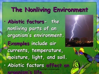 The Nonliving Environment Abiotic factors -  the nonliving parts of an organism’s environment. Examples  include air currents, temperature, moisture, light, and soil. Abiotic factors  affect an organism’s life. copyright cmassengale 