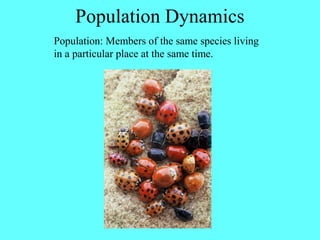 Population Dynamics
Population: Members of the same species living
in a particular place at the same time.
 