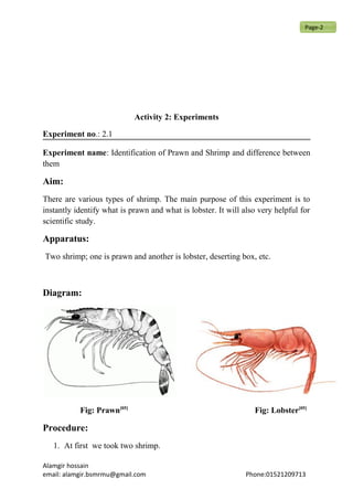 Activity 2: Experiments
Experiment no.: 2.1
Experiment name: Identification of Prawn and Shrimp and difference between
them
Aim:
There are various types of shrimp. The main purpose of this experiment is to
instantly identify what is prawn and what is lobster. It will also very helpful for
scientific study.
Apparatus:
Two shrimp; one is prawn and another is lobster, deserting box, etc.
Diagram:
Fig: Prawn[05]
Fig: Lobster[05]
Procedure:
1. At first we took two shrimp.
Alamgir hossain
email: alamgir.bsmrmu@gmail.com Phone:01521209713
Page-2
 