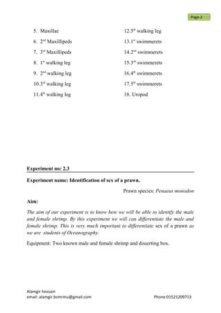 5. Maxillae
6. 2nd
Maxillipeds
7. 3rd
Maxillipeds
8. 1st
walking leg
9. 2nd
walking leg
10.3rd
walking leg
11.4th
walking leg
12.5th
walking leg
13.1st
swimmerets
14.2nd
swimmerets
15.3rd
swimmerets
16.4th
swimmerets
17.5th
swimmerets
18. Uropod
Experiment no: 2.3
Experiment name: Identification of sex of a prawn.
Prawn species: Penaeus monodon
Aim:
The aim of our experiment is to know how we will be able to identify the male
and female shrimp. By this experiment we will can differentiate the male and
female shrimp. This is very much important to differentiate sex of a prawn as
we are students of Oceanography.
Equipment: Two known male and female shrimp and disserting box.
Alamgir hossain
email: alamgir.bsmrmu@gmail.com Phone:01521209713
Page-2
 