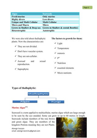 Algae Seaweeds
Fresh/marine Only marine
Highly divers Less divers
Unique and Multi Cellular Multi Cellular
Micro and Macro Micro
Grows in Shallow & Deep sea Grows in Shallow & costal( Benthic)
Heterotrophic Autotrophic
We were also told about thallophytic
plants. Now the characteristics are:
 They are not divided.
 Don't have vascular system.
 They are uni-cellular.
 Asexual and sexual
reproduction.
 Saprophytic
The factors to growth for them:
 Light
 Temperature
 osmosis
 PH
 Nutrition
 essential elements
 Micro nutrients
Types of thallophytic:
Marine Algae[08]
Seaweed is a term applied to multicellular, marine algae which are large enough
to be seen by the eye unaided. Some can grow to up to 60 metres in length.
Seaweeds include members of the red, brown
and green algae. They are members of the
kingdom Protista meaning they are not Plants.
Alamgir hossain
email: alamgir.bsmrmu@gmail.com Phone:01521209713
Page-2
 