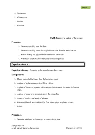1. Sargassum
2. Chnoospora
3. Padina
4. Gelidium
Fig42: Transverse section of Sargassum
Precaution:
1. We must carefully hold the slide.
2. We must carefully move the zooplankton so that don’t be wasted or tear.
3. Before putting the glycerin the slide must be totally dry.
4. We should carefully draw the figure as much as perfect.
Experiment no: 4.3
Experiment name: Preparing herbarium of seaweed specimen
Equipments:
1. Plastic slate, slightly bigger than the herbarium sheet
2. A piece of herbarium sheet sized 29cm ×42cm.
3. A piece of absorbent paper (or old newspaper) of the same size as the herbarium
sheet.
4. A piece of gauze large enough to cover the entire alga.
5. A pair of pinchers and a pair of scissors
6. Corrugated board, wooden board (or field press), paperweight (or bricks).
7. Labels
Procedure:
1. Wash the specimen in clean water to remove impurities.
Alamgir hossain
email: alamgir.bsmrmu@gmail.com Phone:01521209713
Page-2
 
