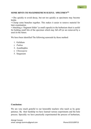 SOME HINTS TO MAXIMISEMUM SUEFUL SPECIMEN[09]
• Dry quickly to avoid decay, but not too quickly as specimens may become
brittle.
• Clump some branches together. This makes it easier to remove material for
later examination.
• Attaching a ‘fragment folder’ (a small capsule) to the herbarium sheet is useful
for holding small bits of the specimen which may fall off (or are removed by a
user) in the future.
We have been identified The following seaweeds by those method:
1. Gelidium
2. Padina
3. Acanthophra
4. Chnoospora
5. Sargassum
Conclusion:
We are very much grateful to our honorable teachers who teach us by grate
patience. By their hardship we have learned various experiments and the hole
process. Specially we have practically experimented the process of herbarium,
Alamgir hossain
email: alamgir.bsmrmu@gmail.com Phone:01521209713
Page-2
 