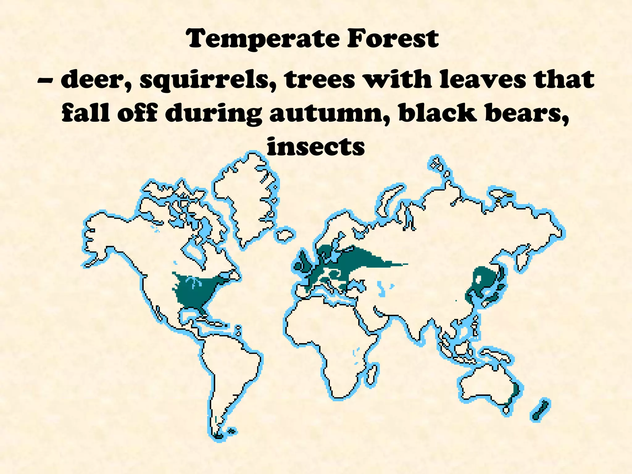 Temperate Forest
– deer, squirrels, trees with leaves that
fall off during autumn, black bears,
insects
 