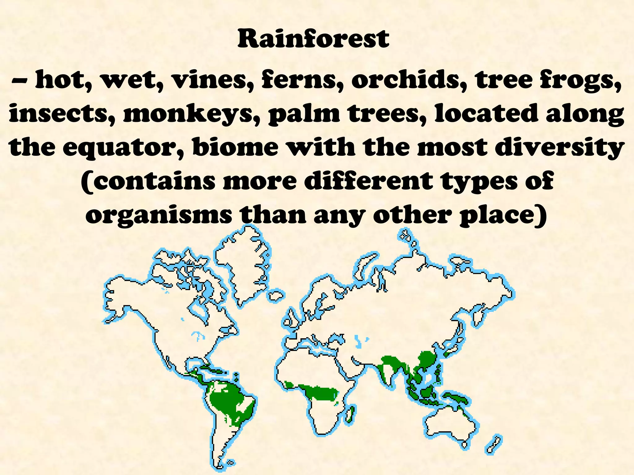 Rainforest
– hot, wet, vines, ferns, orchids, tree frogs,
insects, monkeys, palm trees, located along
the equator, biome with the most diversity
(contains more different types of
organisms than any other place)
 