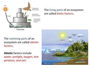 The living parts of an ecosystem
                                are called biotic factors.




The nonliving parts of an
ecosystem are called abiotic
factors.

Abiotic factors include
water, sunlight, oxygen, tem
perature, and soil.
                               Image source : http://en.wikinoticia.com/
 