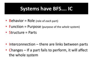 Systems have BFS…. IC

• Behavior = Role (role of each part)
• Function = Purpose (purpose of the whole system)
• Structure = Parts

• Interconnection – there are links between parts
• Changes – If a part fails to perform, it will affect
  the whole system
 