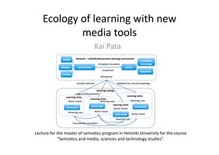 Ecology of learning with new 
media tools 
Lecture for the master of semio6cs program in Helsinki University for the course 
“Semio6cs and media, sciences and technology studies”. 
Kai Pata 
 