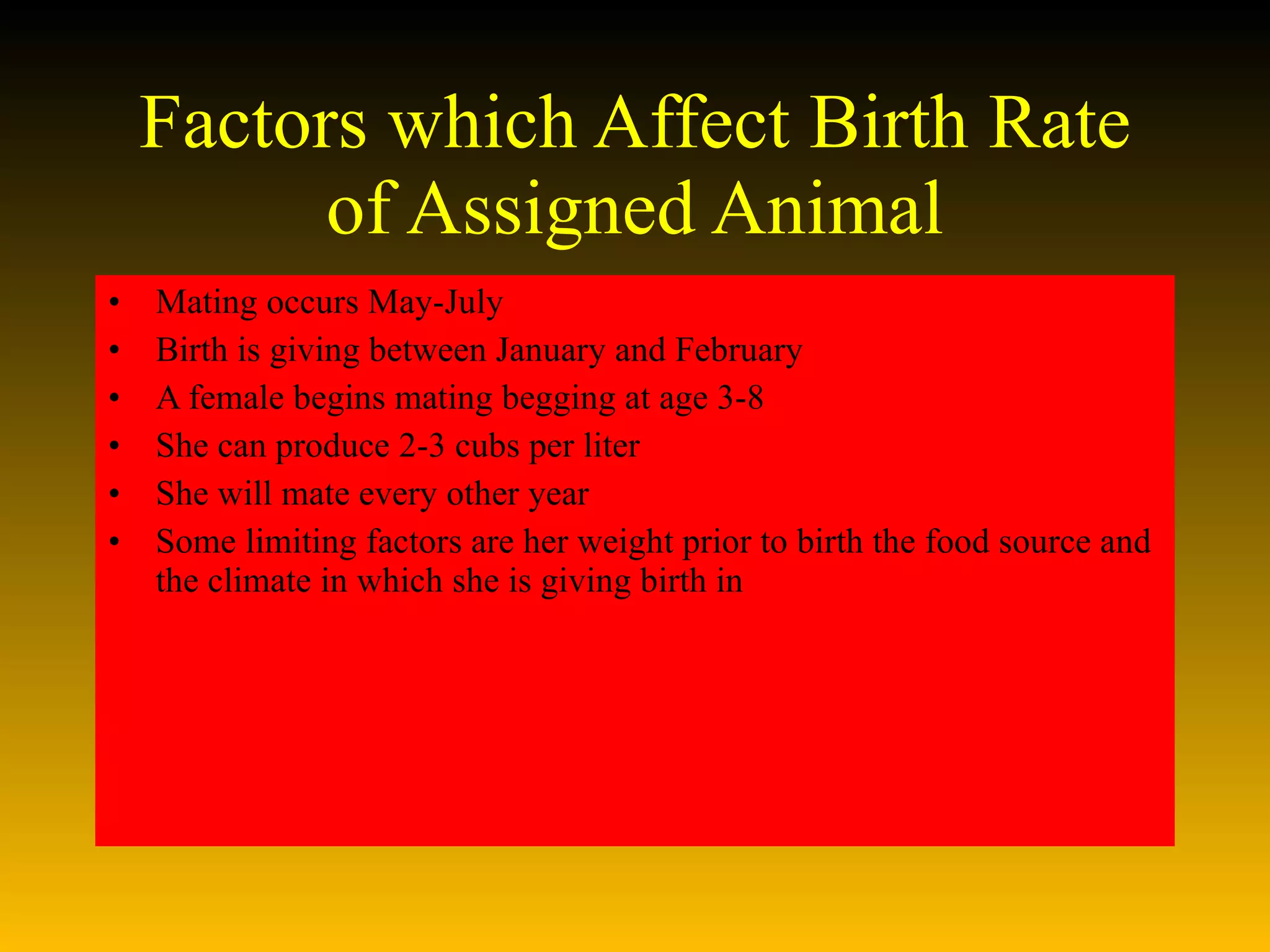 Factors which Affect Birth Rate of Assigned Animal Mating occurs May-July Birth is giving between January and February A female begins mating begging at age 3-8  She can produce 2-3 cubs per liter  She will mate every other year Some limiting factors are her weight prior to birth the food source and the climate in which she is giving birth in 