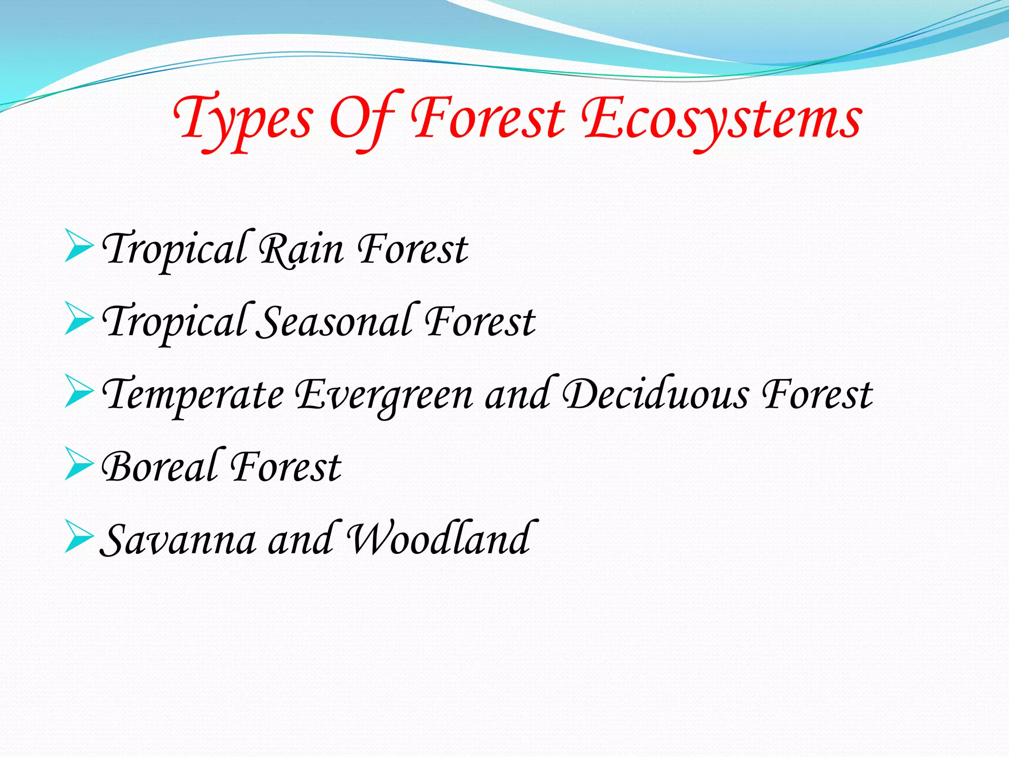 Types Of Forest Ecosystems
Tropical Rain Forest
Tropical Seasonal Forest
Temperate Evergreen and Deciduous Forest
Boreal Forest
Savanna and Woodland
 