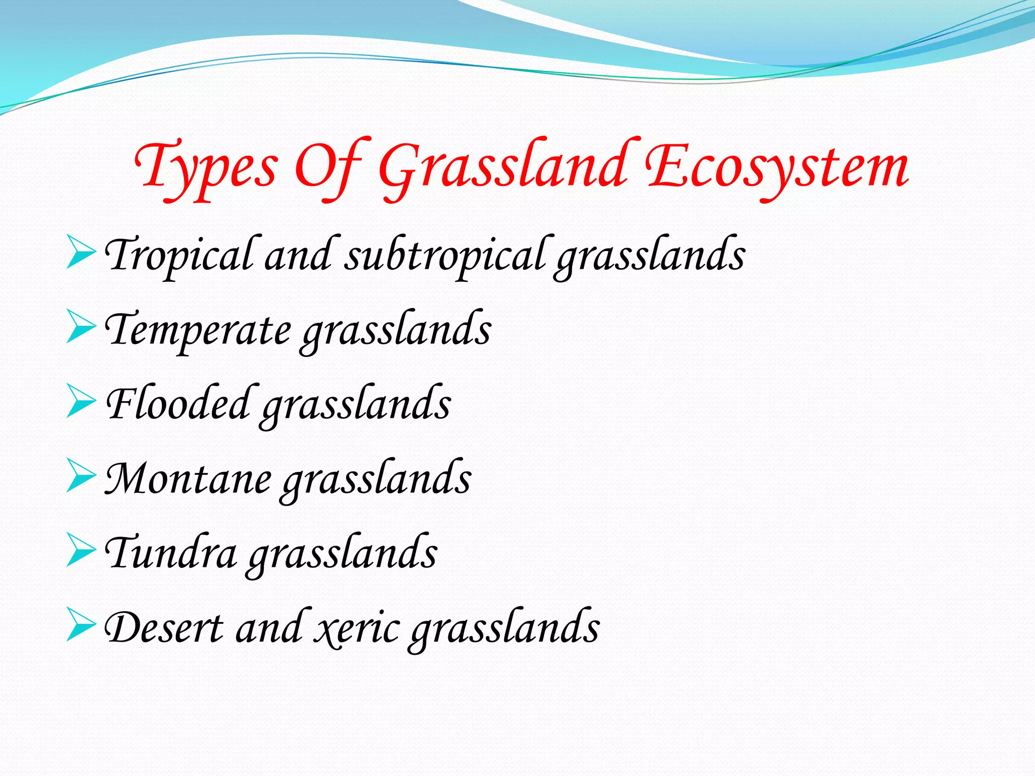 Types Of Grassland Ecosystem
Tropical and subtropical grasslands
Temperate grasslands
Flooded grasslands
Montane grasslands
Tundra grasslands
Desert and xeric grasslands
 