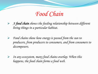 Food Chain
 A food chain shows the feeding relationship between different
    living things in a particular habitat.

 Food chains show how energy is passed from the sun to
    producers, from producers to consumers, and from consumers to
    decomposers.

 In any ecosystem, many food chains overlap. When this
    happens, the food chain forms a food web.
 