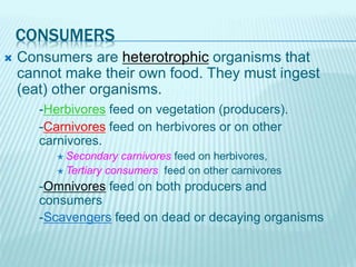CONSUMERS
 Consumers are heterotrophic organisms that
cannot make their own food. They must ingest
(eat) other organisms.
-Herbivores feed on vegetation (producers).
-Carnivores feed on herbivores or on other
carnivores.
 Secondary carnivores feed on herbivores,
 Tertiary consumers feed on other carnivores
-Omnivores feed on both producers and
consumers
-Scavengers feed on dead or decaying organisms
 