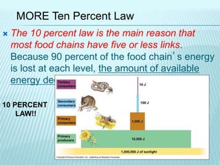  The 10 percent law is the main reason that
most food chains have five or less links.
Because 90 percent of the food chain’s energy
is lost at each level, the amount of available
energy decreases quickly.
10 PERCENT
LAW!!
MORE Ten Percent Law
 