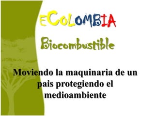 ECOLOMBIA
     Biocombustible
Moviendo la maquinaria de un
     pais protegiendo el
      medioambiente
 