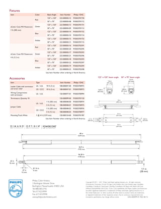 Philips Color Kinetics
3 Burlington Woods Drive
Burlington, Massachusetts 01803 USA
Tel 888.385.5742
Tel 617.423.9999
Fax 617.423.9998
www.philipscolorkinetics.com
Copyright © 2011 – 2013 Philips Solid-State Lighting Solutions, Inc. All rights reserved.
Chromacore, Chromasic, CK, the CK logo, Color Kinetics, the Color Kinetics logo, ColorBlast,
ColorBlaze, ColorBurst, ColorGraze, ColorPlay, ColorReach, iW Reach, eW Reach, eW Fuse,
DIMand, EssentialWhite, eW, iColor, iColor Cove, IntelliWhite, iW, iPlayer, Optibin, and Powercore
are either registered trademarks or trademarks of Philips Solid-State Lighting Solutions, Inc. in
the United States and / or other countries. All other brand or product names are trademarks
or registered trademarks of their respective owners. Due to continuous improvements and
innovations, specifications may change without notice. DAS-000099-01 R02 08-13
Fixtures
Accessories
Use Item Number when ordering in North America.
Use Item Number when ordering in North America.
Item Color Beam Angle Item Number Philips 12NC
eColor Cove MX Powercore
1 ft (305 mm)
Red
125° x 120° 223-000050-12 910503701730
50° x 70° 223-000050-08 910503701112
Green
125° x 120° 223-000050-13 910503701731
50° x 70° 223-000050-09 910503701113
Blue
125° x 120° 223-000050-14 910503701732
50° x 70° 223-000050-10 910503701114
Amber
125° x 120° 223-000050-15 910503701733
50° x 70° 223-000050-11 910503701115
eColor Cove MX Powercore
4 ft (1.2 m)
Red
125° x 120° 223-000050-16 910503702591
50° x 70° 223-000050-20 910503702595  
Green
125° x 120° 223-000050-17 910503702592
50° x 70° 223-000050-21 910503702596
Blue
125° x 120° 223-000050-18 910503702593
50° x 70° 223-000050-22 910503702597
Amber
125° x 120° 223-000050-19 910503702594
50° x 70° 223-000050-23 910503702598
125° x 120° beam angle 50° x 70° beam angle
1.64 in
(42 mm)
1.5 in
(39 mm)
1.5 in
(39 mm)
2.00 in
(51 mm)
2.00
(51 m
1 ft Medium 1 ft Wide
1.64 in
(42 mm)
1.6 in
(41 mm)
1.6 in
(41 mm)
2.00 in
(51 mm)
2.00
(51 m
4 ft Medium 4 ft Wide 4
12 in
(305 mm)
9.1 in
(231 mm)
9.5 in
(241 mm)
1.1 in
(28 mm)
0.63 in
(16 mm)
1.64 in
(42 mm)
1.5 in
(39 mm)
1.5 in
(39 mm)
1.5 in
(39 mm)
2.00 in
(51 mm)
2.00 in
(51 mm)
1 ft Medium 1 ft Wide 1 ftVery Wide
1.64 in
(42 mm)
1.6 in
(41 mm)
1.6 in
(41 mm)
1.6 in
(41 mm)
2.00 in
(51 mm)
2.00 in
(51 mm)
4 ft Medium 4 ft Wide 4 ftVery Wide
46.9 in
1192 mm
46.38 in
1178 mm
48 in
1219 mm
Ø .16 in
4 mm.47 in
12 mm
.63 in
16 mm
1.1 in
(28 mm)
Item Type Item Number Philips 12NC
Leader Cable with terminator
and strain relief
UL / cUL 10 ft (3 m) 108-000047-00 910503700972
CE / CCC 10 ft (3 m) 108-000047-01 910503700973
Wiring Compartment
with terminator
UL / cUL 120-000077-01 910503700994
Terminators, Quantity 10 120-000099-00 910503701120
Jumper Cable
UL / cUL
1 ft (305 mm) 108-000048-00 910503700974
5 ft (1.5 m) 108-000048-01 910503700975
CE / CCC
1 ft (305 mm) 108-000048-02 910503700976
5 ft (1.5 m) 108-000048-03 910503700977
Mounting Track,White 1 @ 4 ft (1219 mm) 120-000124-00 910503701787
 