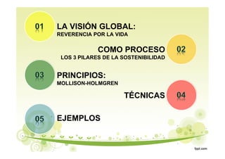 LA VISIÓN GLOBAL:
REVERENCIA POR LA VIDA
COMO PROCESO
LOS 3 PILARES DE LA SOSTENIBILIDAD
PRINCIPIOS:
MOLLISON-HOLMGREN
TÉCNICAS
EJEMPLOS
 