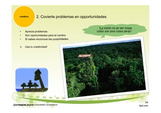 2. Covierte problemas en opportunidades
• Aprecia problemas
• Son oportunidades para el cambio
• Si sabes reconocer las posibilidades
 Usa tu creatividad!
creativo
"La visión no es ver cosas
como son sino como serán"
Curiosidades: http://de.minecraftwiki.net/wiki/Baum(CC) Tabea Hirzel 2013
34
 