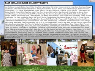 Jennifer Lawrence, Justin Bieber, Naomi Watts, Kerry Washington, Alyssa Milano, Liam Neeson, Jamie Kennedy, Zooey Deschanel, Meagan
Good, Sasha Cohen, Elijah Wood, William Shatner, Bethany Frankel, Pierce Brosnan, John Cusack, Cuba Gooding Jr., Robert Townsend,
Emma Roberts, Don Cheadle, America Ferrara, Taraji P. Henson, Julie Benz, Cisco Adler, Shwayze, Janice Dickinson, Lauren Graham, Ian
Ziering, Dule Hill, Richard Schiff, Tara Reid, Mekhi Phifer, Tony Denison, Matthew Perry, Sam Rockwell, Peter Gallagher, Sharon Stone,
Jesse Tyler Ferguson, Judd Nelson, Elisabeth Moss, Elle Fanning, Rich Sommer, Danny Glover, Claudia Wells, Marla Maples, Stephen
Baldwin, Sylvester Stallone, Chris Rock, Dennis Haysbert, Eric Roberts, Elisabeth Moss, Jason Schwartzman, Elle Fanning, Patricia Arquette,
Amy Poehler, Paul Rudd, Nigel Barker, Deidre Hall, Jerry O’Connell, Claudia Jordan, Dee Wallace, Michael Jai White, Tiny Lister, Frances
Fisher, Jane Lynch, Justin Bieber, Michael Douglas, Cissy Spacek, FLEA (Red Hot Chili Peppers), U2, The Edge, Lil Jon, Kendra Wilkinson,
Gretchen Rossi, Drake Bell, George Takei, Gilles Marini, Jason Ritter, John Hawkings, Ciaran Hinds, Nathalie Emmanuel, Audrina Patridge,
Aaron Carter, Nate Parker, Gilbert Godfried, Miss USA 2016, Jill Zarin, Lisa Edelstein, Penelope Ann Miller, Sam Neill, Georgia Toffolo, Prince
Mario-Max Schaumburg-Lippe, Tom Felton, Ed Weeks, Farrah Abraham, Cloris Leachman, Hugh Dancy, Corey Feldman, David Permut,
Lakeith Stanfield, Aldis Hodge, Jillian Murray, Dean Geyer, Vera Farmiga, Daphne Wayans, Justin Theroux, William Fitchner, Eddie James
Olmos,Tom DeSanto, Gina Rodriguez, Jason Issacs, Evan Rachel Wood, David Hyde Pearce, Joan Collins, Vinessa Shaw, Lane Garrison,
Wilmer Valderrama, Adrienne Houghton, Carly Steel, Courtney Sixx, Dee Wallace, Tara Reid, Ross Marquand, French Stewart, La La Kent,
Scheana, Jax Taylor, James Kennedy, Kristen Doute, Brittany Cartwright, Ariana Madix, Joyce Giraud, Pandora Vanderpump Sabo,
Pollyanna McIntosh, Bellamy Young, Jorga Fox, Dash Mihok, Isadora Goreshter, Scott Michael Campbell. Willie Gault, Carl Lewis, Tyler
Hilton, Lou Ferrigno, Christina Milian, Scout Compton-Taylor, Andy Dick, Jaymes Vaughan, Natalie Nunn, Lisa Gastineau, Richard Kind,
Shanola Hampton, Randall Emmett, Nikki Lund, Miljenko Matijevic, Kimberly Friedmutter, Victoria Konepal, Wes Ramsey, Laura Wright, Sam
Humphrey & many more.
PAST ECOLUXE LOUNGE CELEBRITY GUESTS
 