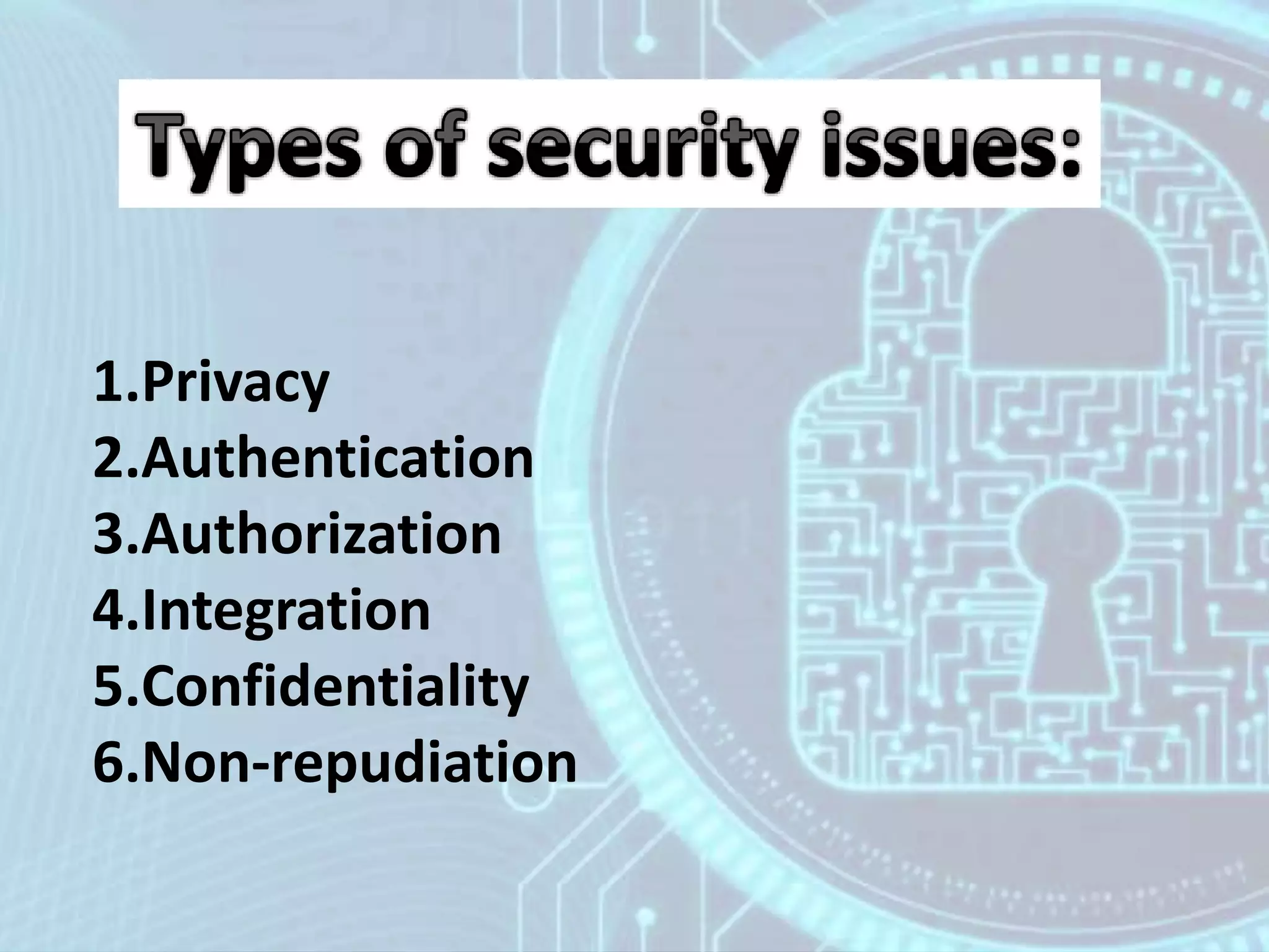 1.Privacy
2.Authentication
3.Authorization
4.Integration
5.Confidentiality
6.Non-repudiation
 