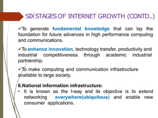 To generate fundamental knowledge that can lay the
foundation for future advances in high performance computing
and communications.
To enhance innovation, technology transfer, productivity and
industrial competitiveness through academic industrial
partnership.
To make computing and communication infrastructure
available to large society.
6.National information infrastructure:
• It is known as the I-way and its objective is to extend
networking everywhere(ubiquitous) and enable new
consumer applications.
SIXSTAGESOF INTERNET GROWTH (CONTD..)
 