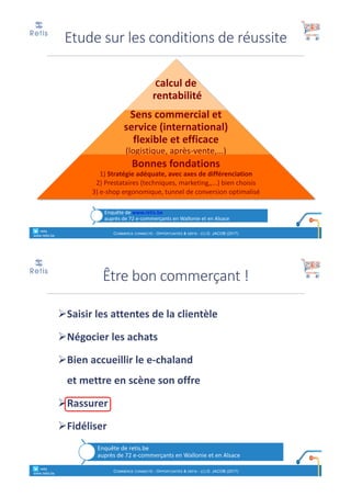 Calcul	de
rentabilité
Sens	commercial	et	
service	(international)	
flexible	et	efficace
(logistique,	après-vente,…)
Bonnes	fondations
1)	Stratégie	adéquate,	avec	axes	de	différenciation	
2)	Prestataires	(techniques,	marketing,,…)	bien	choisis
3)	e-shop	ergonomique,	tunnel	de	conversion	optimalisé
Etude	sur	les	conditions	de	réussite
Enquête	de	www.retis.be
auprès	de	72	e-commerçants	en	Wallonie	et	en	Alsace
° retis
www.retis.be
COMMERCE CONNECTÉ - OPPORTUNITÉS & DÉFIS - (C) D. JACOB (2017)
ØSaisir	les	attentes	de	la	clientèle
ØNégocier	les	achats
ØBien	accueillir	le	e-chaland	
et	mettre	en	scène	son	offre
ØRassurer
ØFidéliser
Être	bon	commerçant	!
Enquête	de	retis.be	
auprès	de	72	e-commerçants	en	Wallonie	et	en	Alsace
° retis
www.retis.be
COMMERCE CONNECTÉ - OPPORTUNITÉS & DÉFIS - (C) D. JACOB (2017)
 