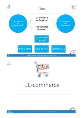 L'E-commerce,	
une	
opportunité	?
E-commerce	
en	Belgique
Facteurs	clés	
de	succès
L'E-commerce,	
une	
menace	?
Plan
° retis
www.retis.be
COMMERCE CONNECTÉ - OPPORTUNITÉS & DÉFIS - (C) D. JACOB (2017)
Le	commerce	
connecté
Web-to-store Store-to-web Commerce	2.0
L’E-commerce
° retis
www.retis.be
COMMERCE CONNECTÉ - OPPORTUNITÉS & DÉFIS - (C) D. JACOB (2017)
 
