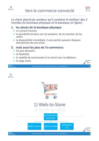 Le	client	attend	du	vendeur	qu'il	combine	le	meilleur	des	2	
mondes	(la	boutique	physique	et	la	boutique	en	ligne):	
1. les	atouts	de	la	boutique	physique
Ø un	conseil	humain,	
Ø la	possibilité	de	bien	voir	les	produits,	de	les	toucher,	de	les	
sentir,	
Ø la	disponibilité	immédiate:	il	veut	parfois	pouvoir	disposer	
directement	de	son	achat.	
2. mais	aussi	les	plus	de	l'e-commerce:
Ø les	prix	attractifs,
Ø la	flexibilité,
Ø la	rapidité	de	commande	et	le	retrait	sans	se	déplacer,	
Ø le	large	choix.
° retis
www.retis.be
COMMERCE CONNECTÉ - OPPORTUNITÉS & DÉFIS - (C) D. JACOB (2017)
Vers	le	commerce	connecté
1)	Web-to-Store
2)	Store-to-Web
° retis
www.retis.be
COMMERCE CONNECTÉ - OPPORTUNITÉS & DÉFIS - (C) D. JACOB (2017)
Le	commerce	
connecté
Web-to-store Store-to-web
Commerce	
2.0
 