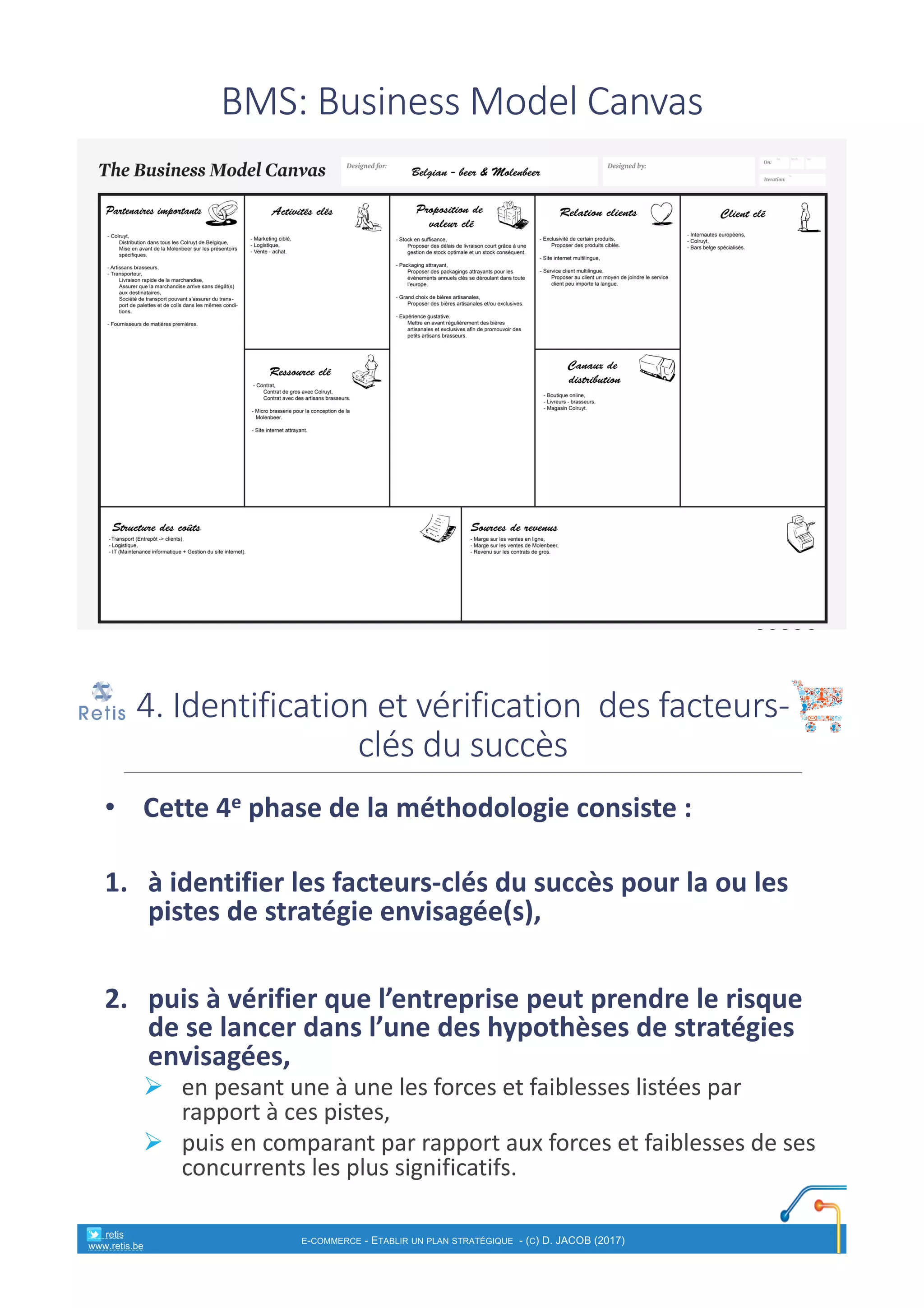 BMS:	Business	Model	Canvas
• Cette	4e phase	de	la	méthodologie	consiste	:
1. à	identifier	les	facteurs-clés	du	succès	pour	la	ou	les	
pistes	de	stratégie	envisagée(s),	
2. puis	à	vérifier	que	l’entreprise	peut	prendre	le	risque	
de	se	lancer	dans	l’une	des	hypothèses	de	stratégies	
envisagées,	
Ø en	pesant	une	à	une	les	forces	et	faiblesses	listées	par	
rapport	à	ces	pistes,	
Ø puis	en	comparant	par	rapport	aux	forces	et	faiblesses	de	ses	
concurrents	les	plus	significatifs.	
4.	Identification	et	vérification		des	facteurs-
clés	du	succès
° retis
www.retis.be
E-COMMERCE - ETABLIR UN PLAN STRATÉGIQUE - (C) D. JACOB (2017)
 