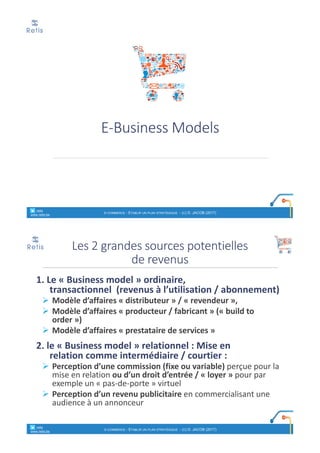 E-Business	Models
° retis
www.retis.be
E-COMMERCE - ETABLIR UN PLAN STRATÉGIQUE - (C) D. JACOB (2017)
1.	Le	« Business	model »	ordinaire,	
transactionnel (revenus	à	l’utilisation	/	abonnement)
Ø Modèle	d’affaires	« distributeur »	/	« revendeur »,
Ø Modèle	d’affaires	« producteur	/	fabricant »	(« build to	
order »)
Ø Modèle	d’affaires	« prestataire	de	services »
2.	le	« Business	model »	relationnel :	Mise	en	
relation comme	intermédiaire	/	courtier	:
Ø Perception	d’une	commission	(fixe	ou	variable) perçue	pour	la	
mise	en	relation	ou	d’un	droit	d’entrée	/	« loyer » pour	par	
exemple	un	« pas-de-porte »	virtuel	
Ø Perception	d’un	revenu	publicitaire en	commercialisant	une	
audience	à	un	annonceur
Les	2	grandes	sources	potentielles	
de	revenus
° retis
www.retis.be
E-COMMERCE - ETABLIR UN PLAN STRATÉGIQUE - (C) D. JACOB (2017)
 