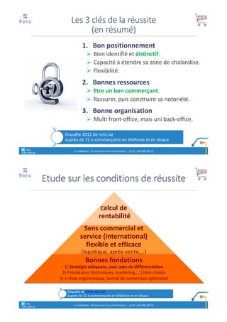 1. Bon	positionnement
Ø Bien	identifié	et	distinctif.
Ø Capacité	à	étendre	sa	zone	de	chalandise.
Ø Flexibilité.
2. Bonnes	ressources
Ø Etre	un	bon	commerçant.
Ø Rassurer,	puis	construire	sa	notoriété.
3. Bonne	organisation
Ø Multi	front-office,	mais	uni	back-office.
Les	3	clés	de	la	réussite
(en	résumé)
° retis
www.retis.be
E-COMMERCE - ETABLIR UN PLAN STRATÉGIQUE - (C) D. JACOB (2017)
Enquête	2012	de	retis.be	
auprès	de	72	e-commerçants	en	Wallonie	et	en	Alsace
Calcul	de
rentabilité
Sens	commercial	et	
service	(international)	
flexible	et	efficace
(logistique,	après-vente,…)
Bonnes	fondations
1)	Stratégie	adéquate,	avec	axes	de	différenciation	
2)	Prestataires	(techniques,	marketing,,…)	bien	choisis
3)	e-shop	ergonomique,	tunnel	de	conversion	optimalisé
Etude	sur	les	conditions	de	réussite
Enquête	de	www.retis.be
auprès	de	72	e-commerçants	en	Wallonie	et	en	Alsace
° retis
www.retis.be
E-COMMERCE - ETABLIR UN PLAN STRATÉGIQUE - (C) D. JACOB (2017)
 
