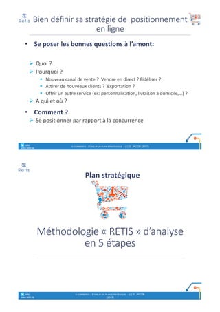 • Se	poser	les	bonnes	questions	à	l’amont:
Ø Quoi	?
Ø Pourquoi	?	
§ Nouveau	canal	de	vente	?		Vendre	en	direct	?	Fidéliser	?
§ Attirer	de	nouveaux	clients	?		Exportation	?
§ Offrir	un	autre	service	(ex:	personnalisation,	livraison	à	domicile,…)	?
Ø A	qui	et	où	?
• Comment	?
Ø Se	positionner	par	rapport	à	la	concurrence
Bien	définir	sa	stratégie	de		positionnement	
en	ligne
° retis
www.retis.be
E-COMMERCE - ETABLIR UN PLAN STRATÉGIQUE - (C) D. JACOB (2017)
Méthodologie	« RETIS »	d’analyse	
en	5	étapes
Plan	stratégique
° retis
www.retis.be
E-COMMERCE - ETABLIR UN PLAN STRATÉGIQUE - (C) D. JACOB
(2017)
 