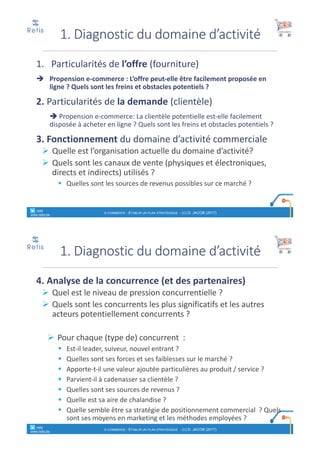 1. Particularités	de	l’offre	(fourniture)
è Propension	e-commerce	:	L’offre	peut-elle	être	facilement	proposée	en	
ligne ?	Quels	sont	les	freins	et	obstacles	potentiels ?
2.	Particularités	de	la	demande	(clientèle)
è Propension	e-commerce:	La	clientèle	potentielle	est-elle	facilement	
disposée	à	acheter	en	ligne ?	Quels	sont	les	freins	et	obstacles	potentiels ?
3.	Fonctionnement	du	domaine	d’activité	commerciale	
Ø Quelle	est	l’organisation	actuelle	du	domaine	d’activité?
Ø Quels	sont	les	canaux	de	vente	(physiques	et	électroniques,	
directs	et	indirects)	utilisés	?	
§ Quelles	sont	les	sources	de	revenus	possibles	sur	ce	marché ?
1.	Diagnostic	du	domaine	d’activité	
° retis
www.retis.be
E-COMMERCE - ETABLIR UN PLAN STRATÉGIQUE - (C) D. JACOB (2017)
4.	Analyse	de	la	concurrence	(et	des	partenaires)
Ø Quel	est	le	niveau	de	pression	concurrentielle ?	
Ø Quels	sont	les	concurrents	les	plus	significatifs	et	les	autres	
acteurs	potentiellement	concurrents ?	
Ø Pour	chaque	(type	de)	concurrent	 :
§ Est-il	leader,	suiveur,	nouvel	entrant	?
§ Quelles	sont	ses	forces	et	ses	faiblesses	sur	le	marché ?
§ Apporte-t-il	une	valeur	ajoutée	particulières	au	produit	/	service	?
§ Parvient-il	à	cadenasser	sa	clientèle	?
§ Quelles	sont	ses	sources	de	revenus ?
§ Quelle	est	sa	aire	de	chalandise ?
§ Quelle	semble	être	sa	stratégie	de	positionnement	commercial	 ?	Quels	
sont	ses	moyens	en	marketing et	les	méthodes	employées	?
1.	Diagnostic	du	domaine	d’activité	
° retis
www.retis.be
E-COMMERCE - ETABLIR UN PLAN STRATÉGIQUE - (C) D. JACOB (2017)
 