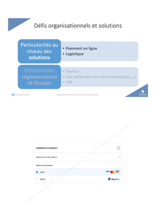 Défis organisationnels et solutions
• Paiement en ligne
• Logistique
Particularités au
niveau des
solutions
• Devises
• Lois nationales (ex: taxes emballages,…)
• TVA
Particularités
réglementaires
et fiscales
°°..@ retis www.retis.be Module C52B "Défis de l'e-commerce international" (2020)
 