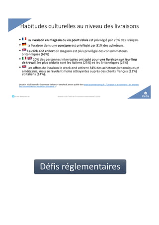 Habitudes culturelles au niveau des livraisons
• ! La livraison en magasin ou en point relais est privilégié par 76% des Français.
• " la livraison dans une consigne est privilégié par 31% des acheteurs.
• # Le click and collect en magasin est plus privilégié des consommateurs
britanniques (68%)
• $ # 20% des personnes interrogées ont opté pour une livraison sur leur lieu
de travail, les plus séduits sont les Italiens (25%) et les Britanniques (23%)
• # Les offres de livraison le week-end attirent 34% des acheteurs britanniques et
américains, mais se révèlent moins attrayantes auprès des clients français (13%)
et italiens (14%).
(étude « 2016 State of e-Commerce Delivery – MetaPack; extrait publié dans www.ecommercemag.fr - "Livraison et e-commerce : les attentes
des consommateurs européens divergent »)
°°..@ retis www.retis.be Module C52B "Défis de l'e-commerce international" (2020)
Défis réglementaires
 