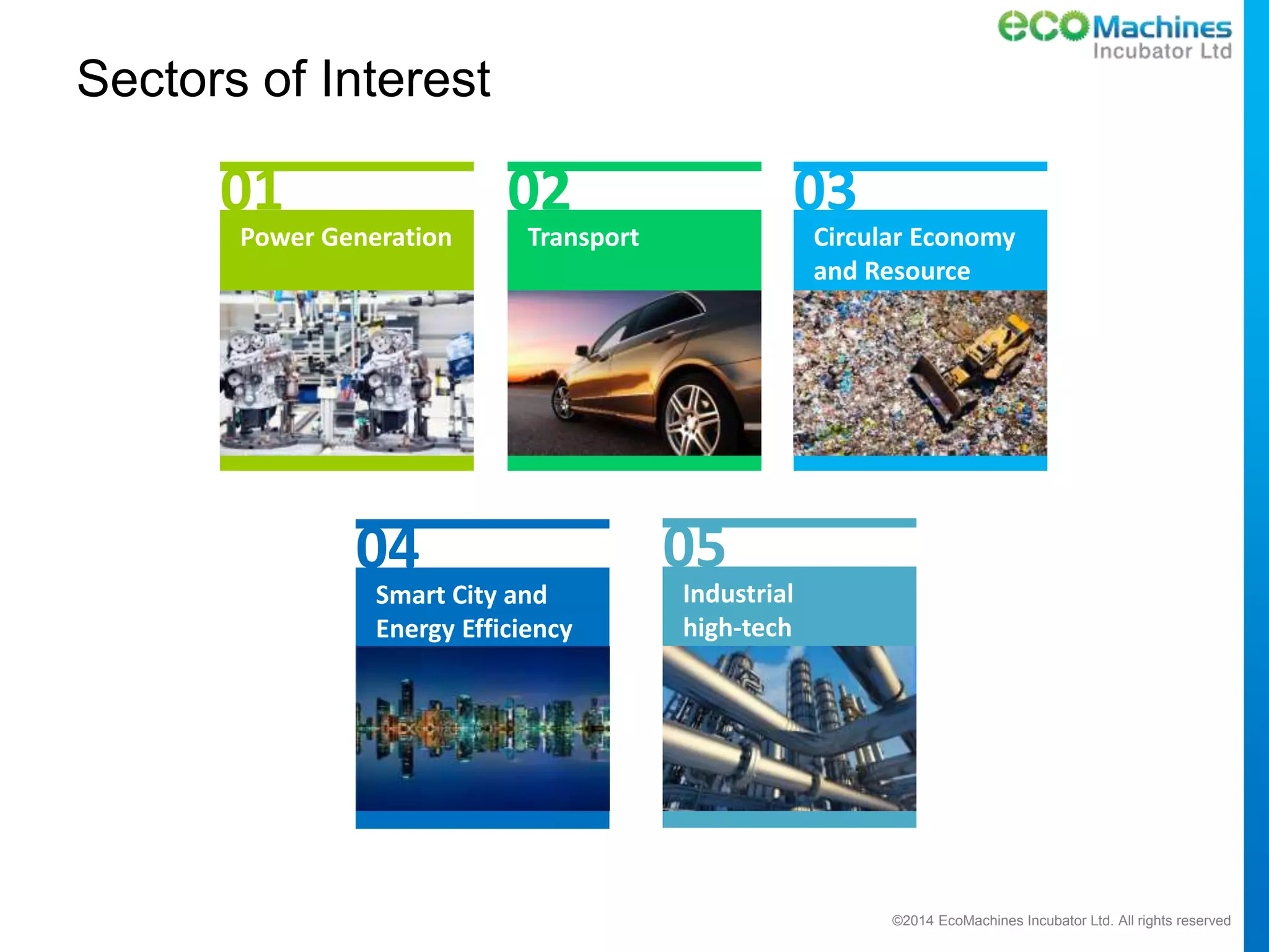 ©2014 EcoMachines Incubator Ltd. All rights reserved
Sectors of Interest
01
Power Generation
02
Transport
03
Circular Economy
and Resource
Recovery
04
Smart City and
Energy Efficiency
05
Industrial
high-tech
 
