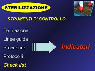 STERILIZZAZIONE

  STRUMENTI DI CONTROLLO

Formazione
Linee guida
Procedure             indicatori
Protocolli
Check list
 